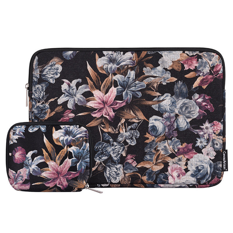 Watercolor Flower Pattern Polyester Laptop Computer Sleeve Carrying Case with Small Bag - Black/for 11-inch Laptop