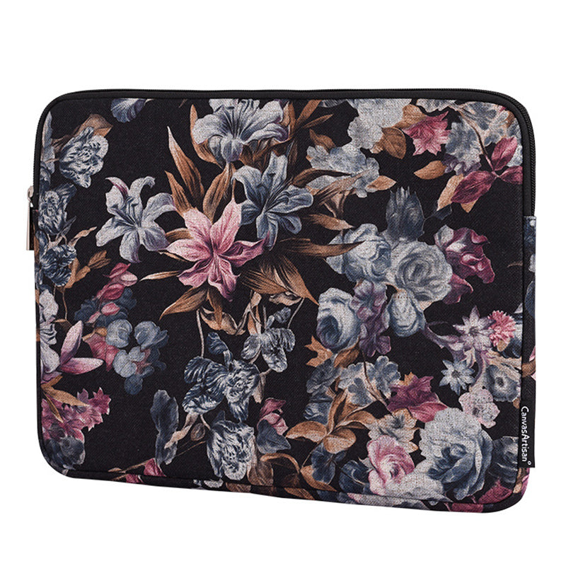 Watercolor Flower Pattern Polyester Laptop Computer Sleeve Carrying Case with Small Bag - Black/for 13-inch Laptop