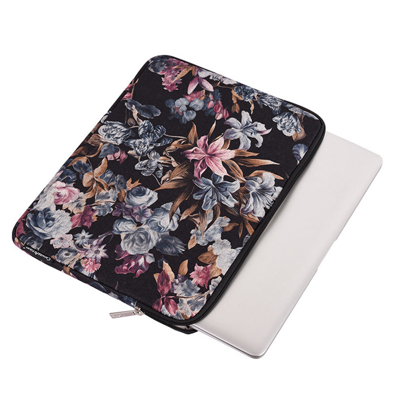 Watercolor Flower Pattern Polyester Laptop Computer Sleeve Carrying Case with Small Bag - Black/for 15-inch Laptop