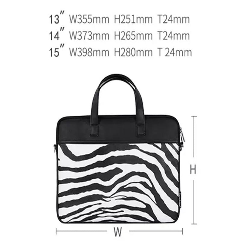 Zebra Stripes Laptop Protective Sleeve Case PU Leather Notebook Handbag with Shoulder Strap - Black/for 14-inch Laptop