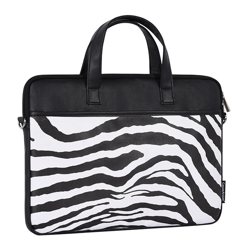 Zebra Stripes Laptop Protective Sleeve Case PU Leather Notebook Handbag with Shoulder Strap - Black/for 14-inch Laptop