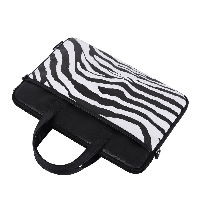 Zebra Stripes Laptop Protective Sleeve Case PU Leather Notebook Handbag with Shoulder Strap - Black/for 14-inch Laptop