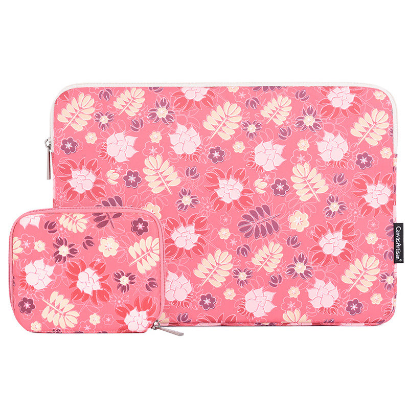 Flowers Leaves Pattern Laptop Carrying Bag Protective Notebook Sleeve with Small Bag - Pink/for 13-inch Laptop