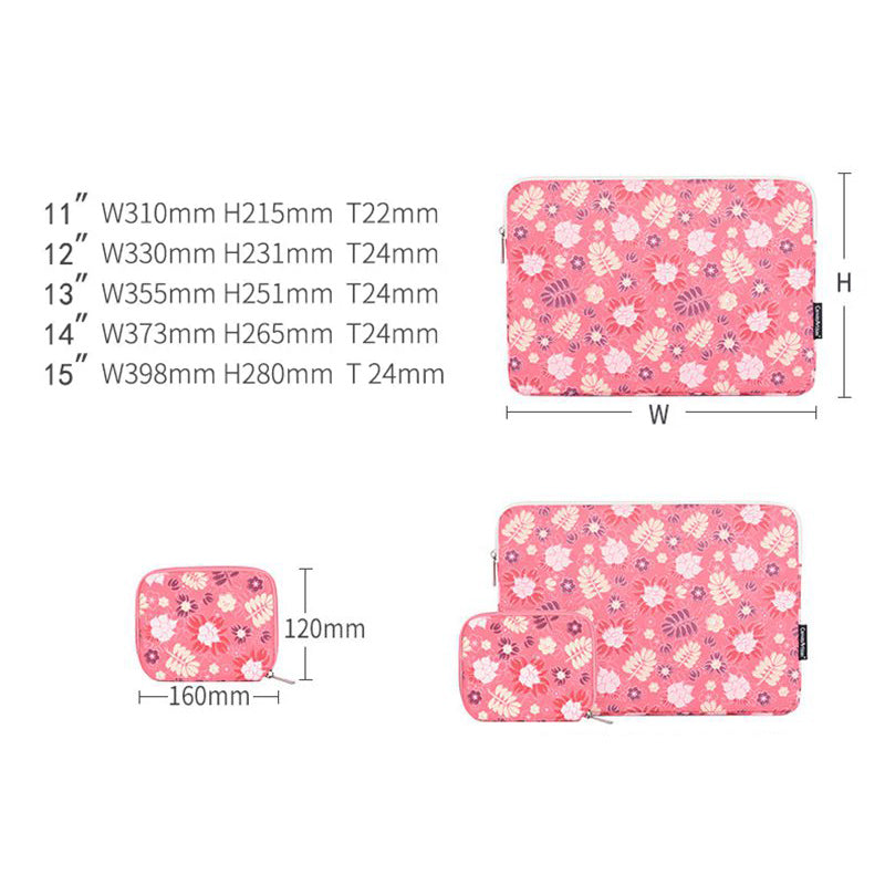 Flowers Leaves Pattern Laptop Carrying Bag Protective Notebook Sleeve with Small Bag - Pink/for 15-inch Laptop