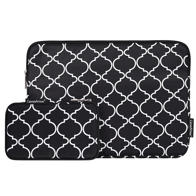 Rhombus Grid Pattern Laptop Sleeve Screatch-resistant Zipper Notebook Bag with Small Bag - Black/for 15-inch Laptop
