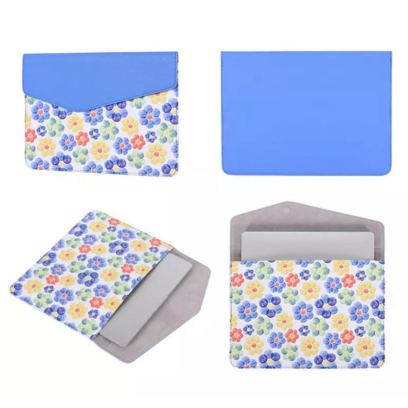 Canvasartian E51-13 Magnetic Closure Laptop Sleeve PU Leather Flower Pattern Notebook Bag - Blue/for 12-inch Laptop