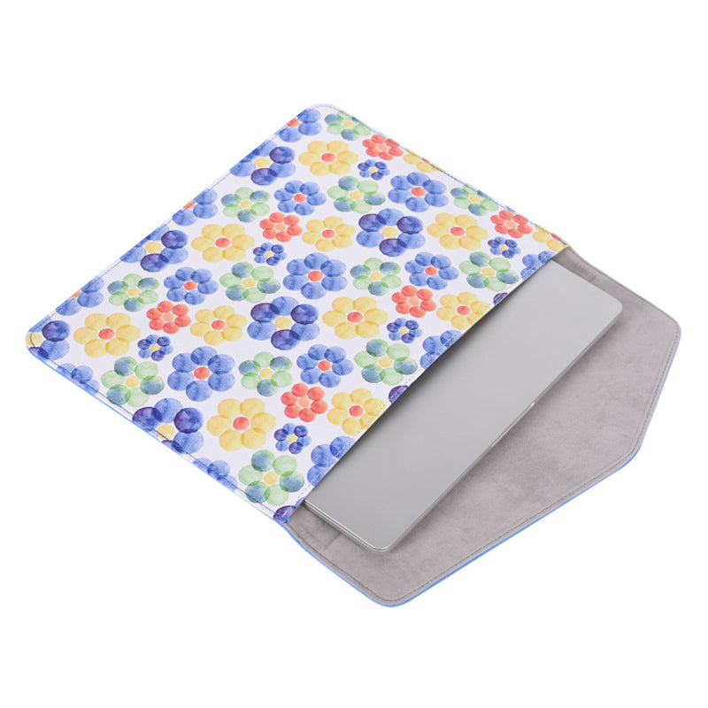 Canvasartian E51-13 Magnetic Closure Laptop Sleeve PU Leather Flower Pattern Notebook Bag - Blue/for 15-inch Laptop