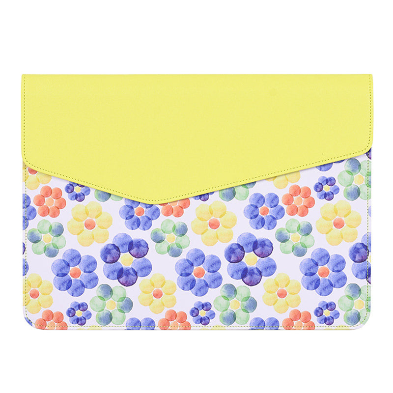 Magnetic Closure Laptop Sleeve PU Leather Flower Pattern Notebook Bag - Yellow/for 15-inch Laptop