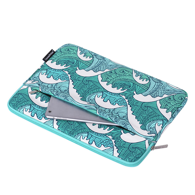 Sea Wave Pattern Shockproof Laptop Sleeve Zipper Notebook Carrying Bag with Front Pocket - Green/for 14-inch Laptop