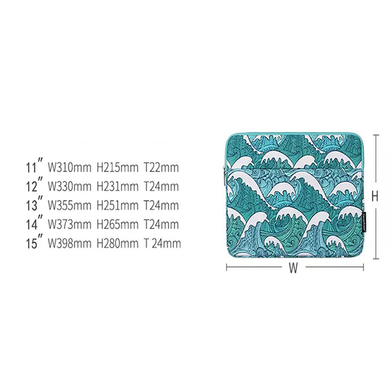 Sea Wave Pattern Shockproof Laptop Sleeve Zipper Notebook Carrying Bag with Front Pocket - Green/for 15-inch Laptop