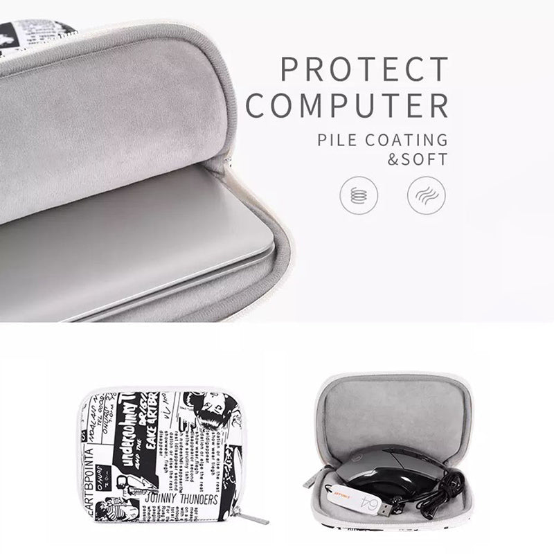 Black White Anime Pattern Polyester Laptop Carrying Bag Soft Liner Notebook Sleeve with Small Bag - White/for 13-inch Laptop
