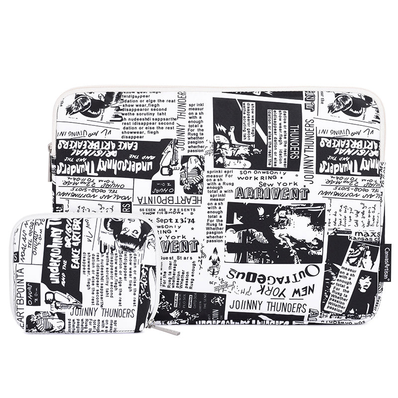 Black White Anime Pattern Polyester Laptop Carrying Bag Soft Liner Notebook Sleeve with Small Bag - White/for 14-inch Laptop