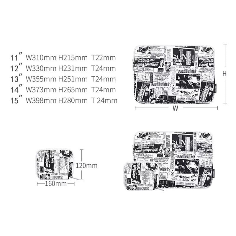 Black White Anime Pattern Polyester Laptop Carrying Bag Soft Liner Notebook Sleeve with Small Bag - White/for 14-inch Laptop