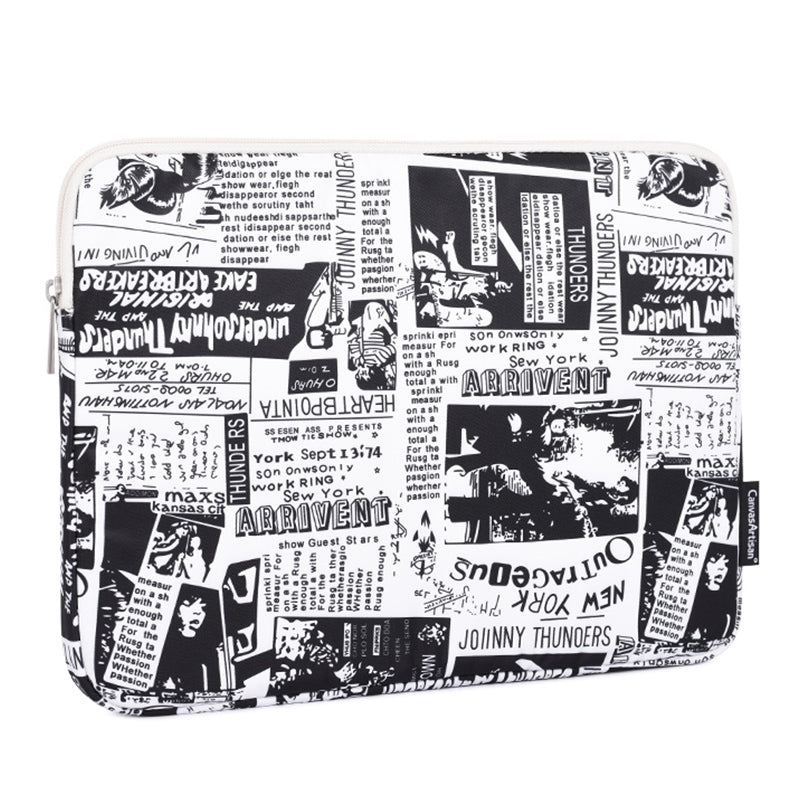 Black White Anime Pattern Polyester Laptop Carrying Bag Soft Liner Notebook Sleeve with Small Bag - White/for 15-inch Laptop