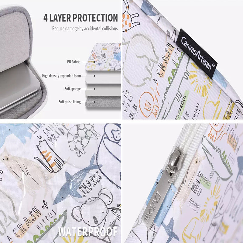 Cartoon Animals Pattern Protective Laptop Sleeve PU Leather Zipper Notebook Bag - White/for 12-inch Laptop