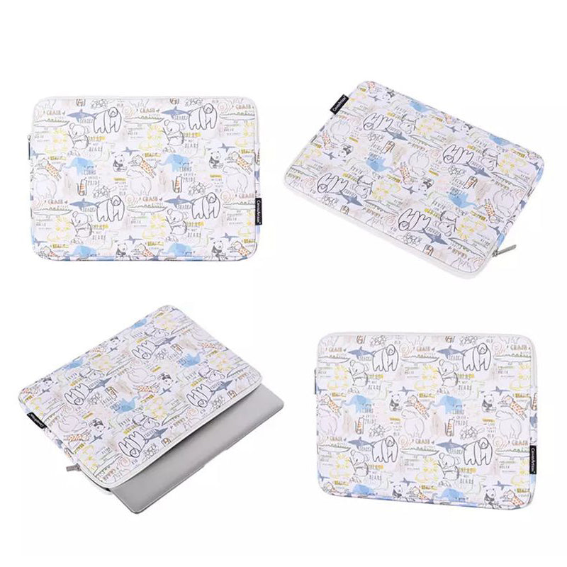 Cartoon Animals Pattern Protective Laptop Sleeve PU Leather Zipper Notebook Bag - White/for 12-inch Laptop