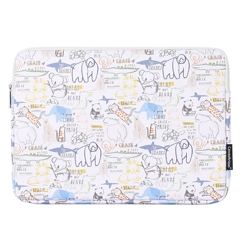 Cartoon Animals Pattern Protective Laptop Sleeve PU Leather Zipper Notebook Bag - White/for 13-inch Laptop