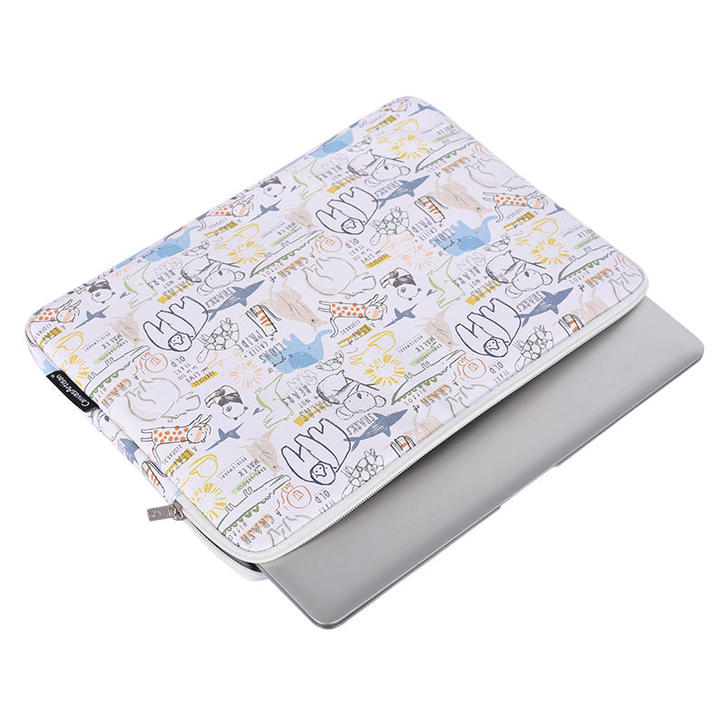 Cartoon Animals Pattern Protective Laptop Sleeve PU Leather Zipper Notebook Bag - White/for 15-inch Laptop