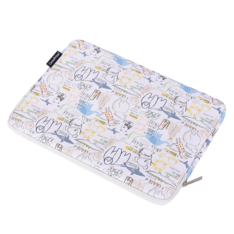 Cartoon Animals Pattern Protective Laptop Sleeve PU Leather Zipper Notebook Bag - White/for 15-inch Laptop