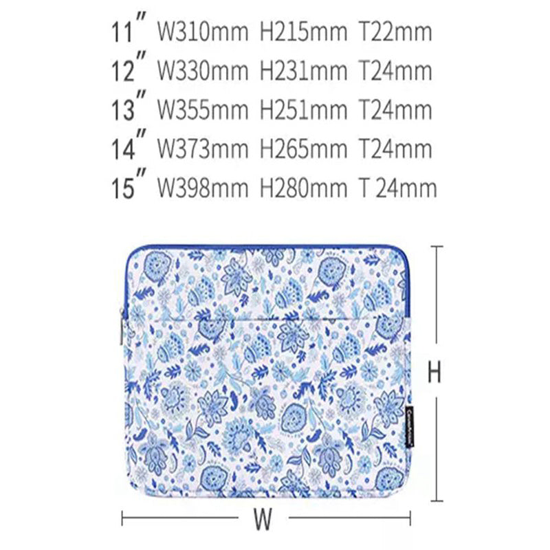 Front Pocket Zipper PU Leather Laptop Sleeve Flower Pattern Full Protection Notebook Carrying Bag - Blue/White/for 12-inch Laptop