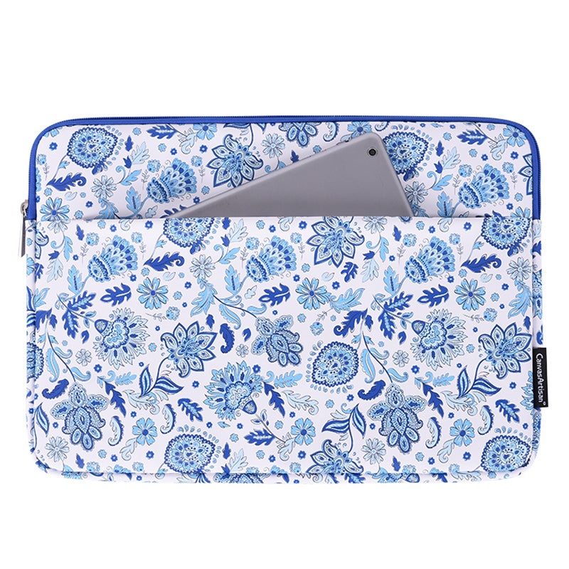 Front Pocket Zipper PU Leather Laptop Sleeve Flower Pattern Full Protection Notebook Carrying Bag - Blue/White/for 15-inch Laptop