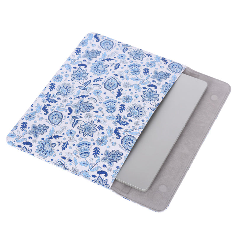 Magnetic Closure PU Leather Laptop Sleeve Flower Pattern Notebook Carrying Bag - White/for 14-inch Laptop