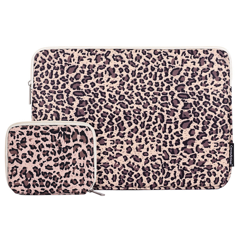 Canvasartisan H31-T0123 Leopard Printing Laptop Sleeve Scratch-resistant Notebook Pouch with Small Bag for 15-inch Laptop - Yellow