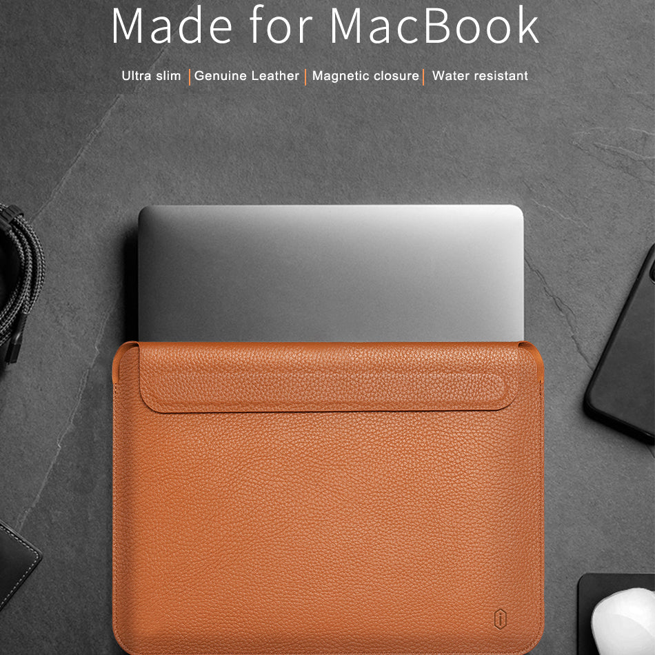 WIWU Skin Pro II Series Stylish Cowhide Genuine Leather Ultra Slim Notebook Bag Waterproof Laptop Sleeve with Magnetic Closure for MacBook Pro 14.2-inch 2021 A2442 - Navy Blue