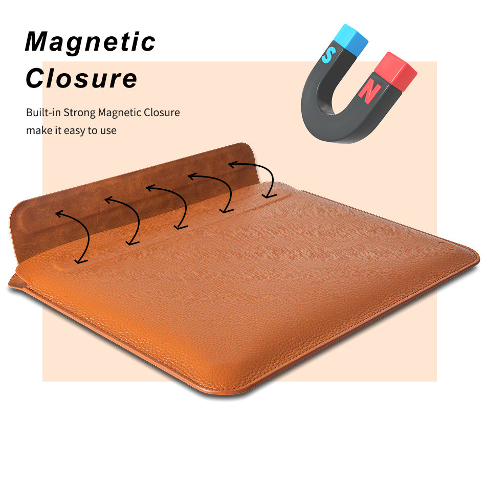 WIWU Skin Pro II Series Magnetic Closure Cowhide Genuine Leather Laptop Notebook Protective Sleeve Bag for MacBook Pro 13.3-inch 2016/2017/2018/2019/2020/M1 - Black