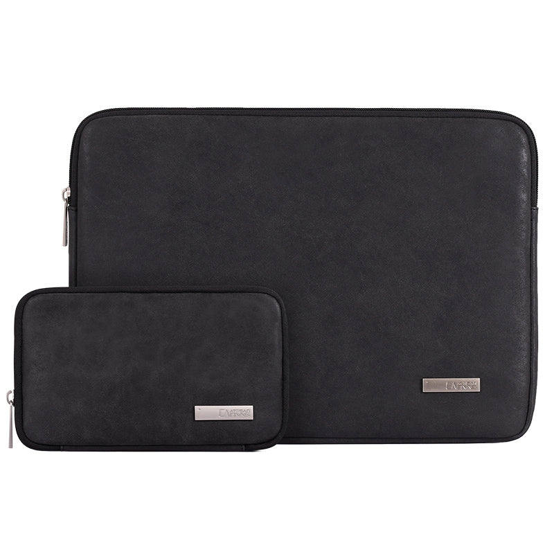 Solid Color PU Leather Notebook Case Shockproof Protective Sleeve Bag with Small Bag - Black/for 15-inch Laptop