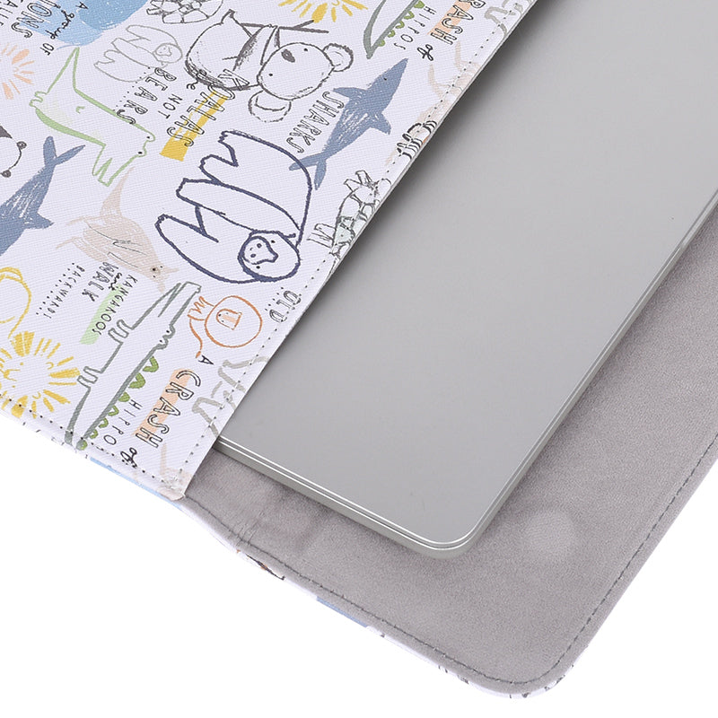 Cartoon Animal Pattern PU Leather Magnetic Flip Cover Laptop Sleeve Notebook Case Bag - White/for 14-inch Laptop