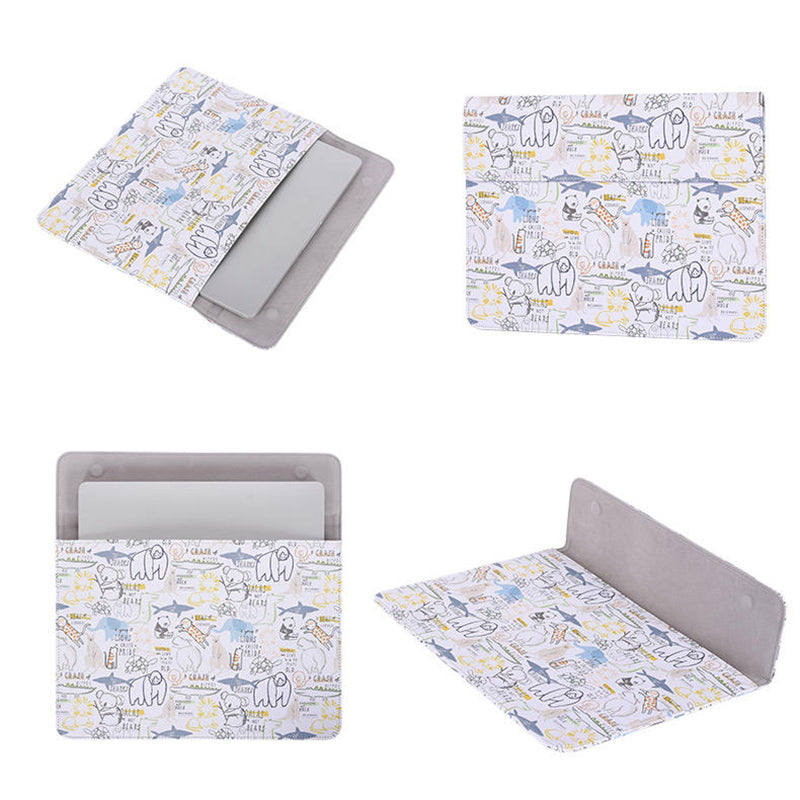 Cartoon Animal Pattern PU Leather Magnetic Flip Cover Laptop Sleeve Notebook Case Bag - White/for 14-inch Laptop