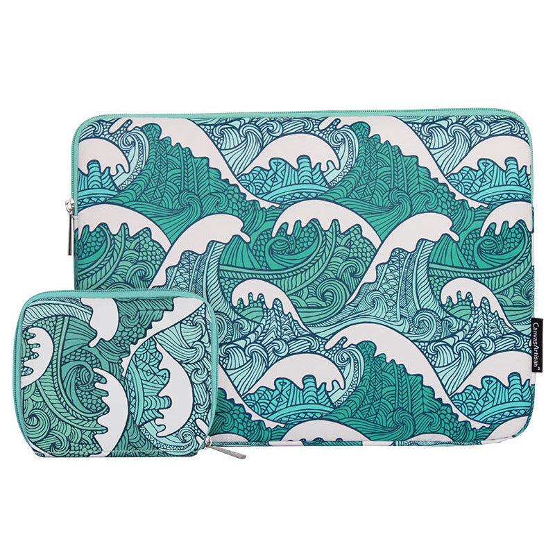 Canvasartian H3-T0423 Sea Wave Printing Laptop Sleeve Carrying Case with Small Bag - Green/for 12-inch Laptop