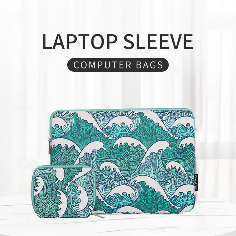 Canvasartian H3-T0423 Sea Wave Printing Laptop Sleeve Carrying Case with Small Bag - Green/for 12-inch Laptop