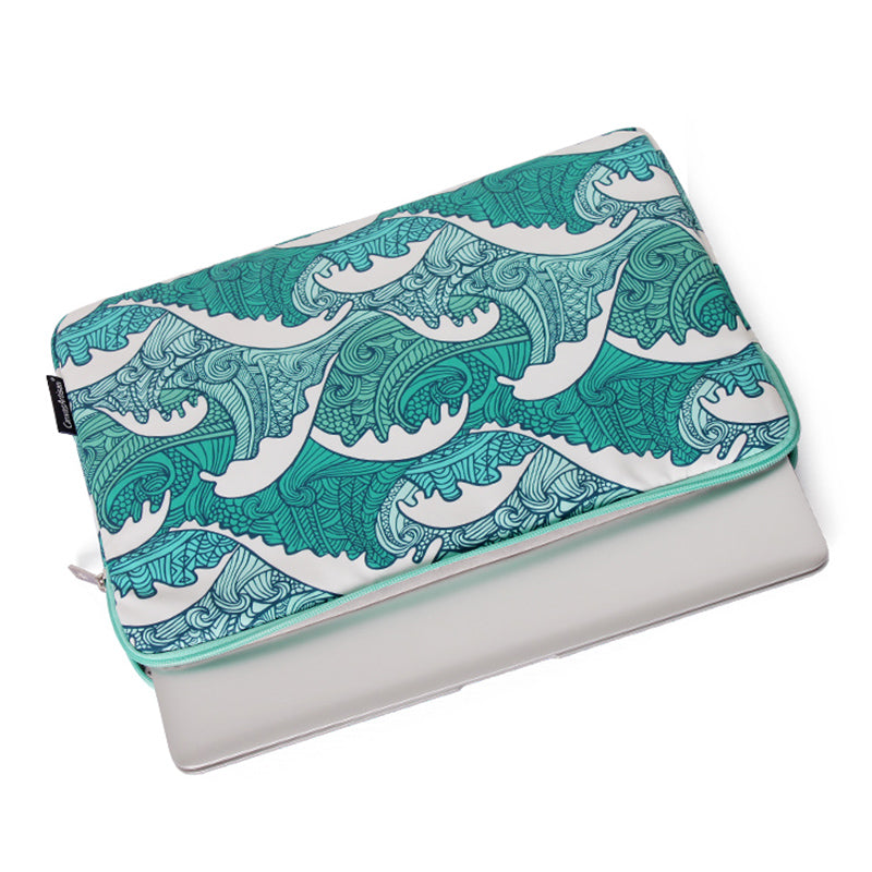 Canvasartian H3-T0423 Sea Wave Printing Laptop Sleeve Carrying Case with Small Bag - Green/for 12-inch Laptop