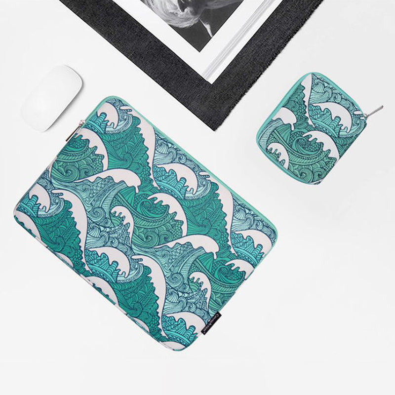 Canvasartian H3-T0423 Sea Wave Printing Laptop Sleeve Carrying Case with Small Bag - Green/for 14-inch Laptop
