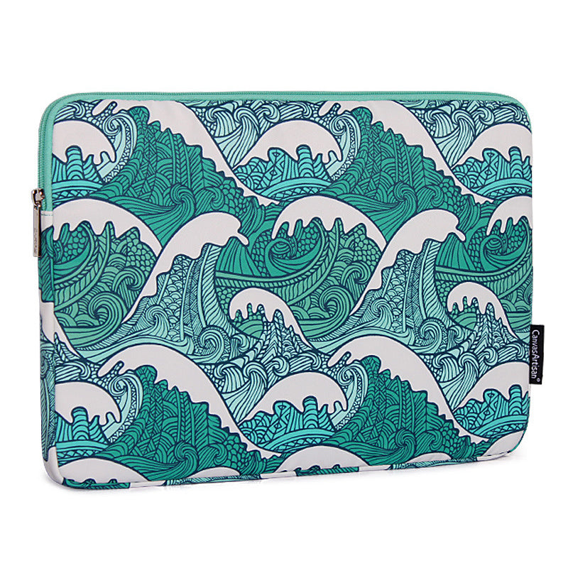 Canvasartian H3-T0423 Sea Wave Printing Laptop Sleeve Carrying Case with Small Bag - Green/for 14-inch Laptop