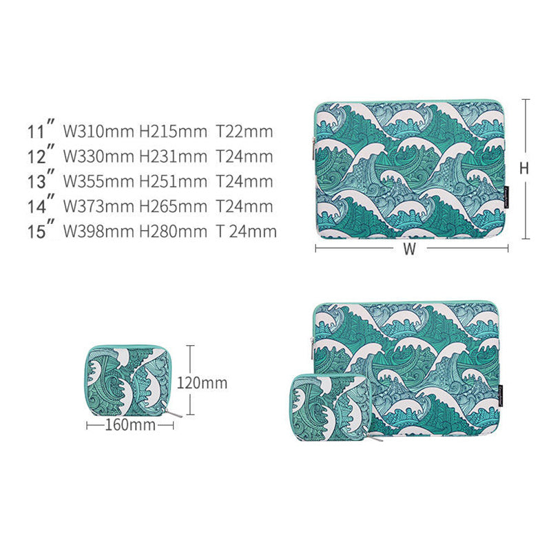Canvasartian H3-T0423 Sea Wave Printing Laptop Sleeve Carrying Case with Small Bag - Green/for 15-inch Laptop