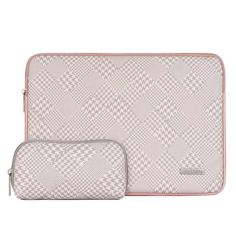 Houndstooth Pattern Zipper Laptop Sleeve Bag Notebook Protective Cover with Small Bag - Pink Edge/for 12-inch Laptop