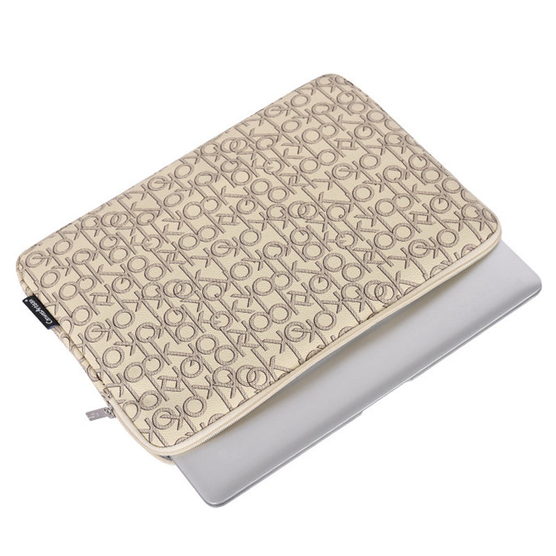 Letter OK Printed PU Leather Laptop Sleeve Protective Cover Notebook Case - Khaki/for 14-inch Laptop