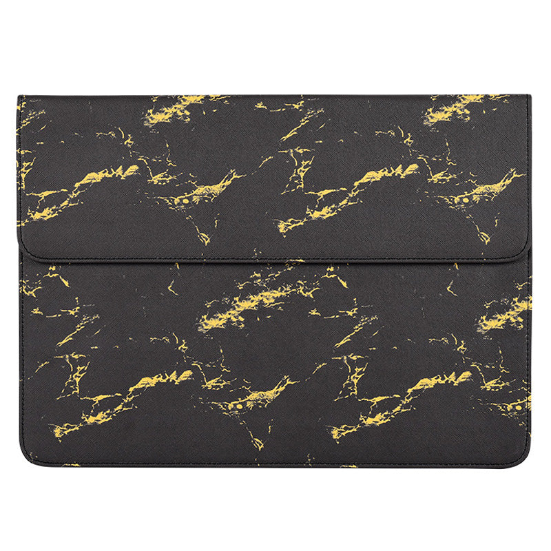 Magnetic Flip Cover PU Leather Laptop Sleeve Marble Pattern Notebook Carrying Bag - Black/Gold/for 12-inch Laptop