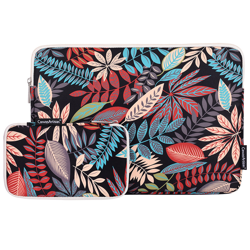 Leaves Printed Ultra-thin Protective Laptop Sleeve Zipper Notebook PC Bag with Small Bag - Black/for 15-inch Laptop