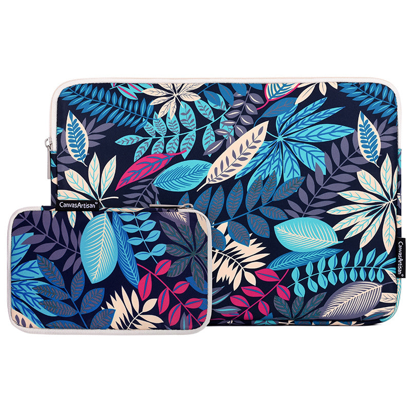 Leaves Printed Ultra-thin Protective Laptop Sleeve Zipper Notebook PC Bag with Small Bag - Blue/for 15-inch Laptop