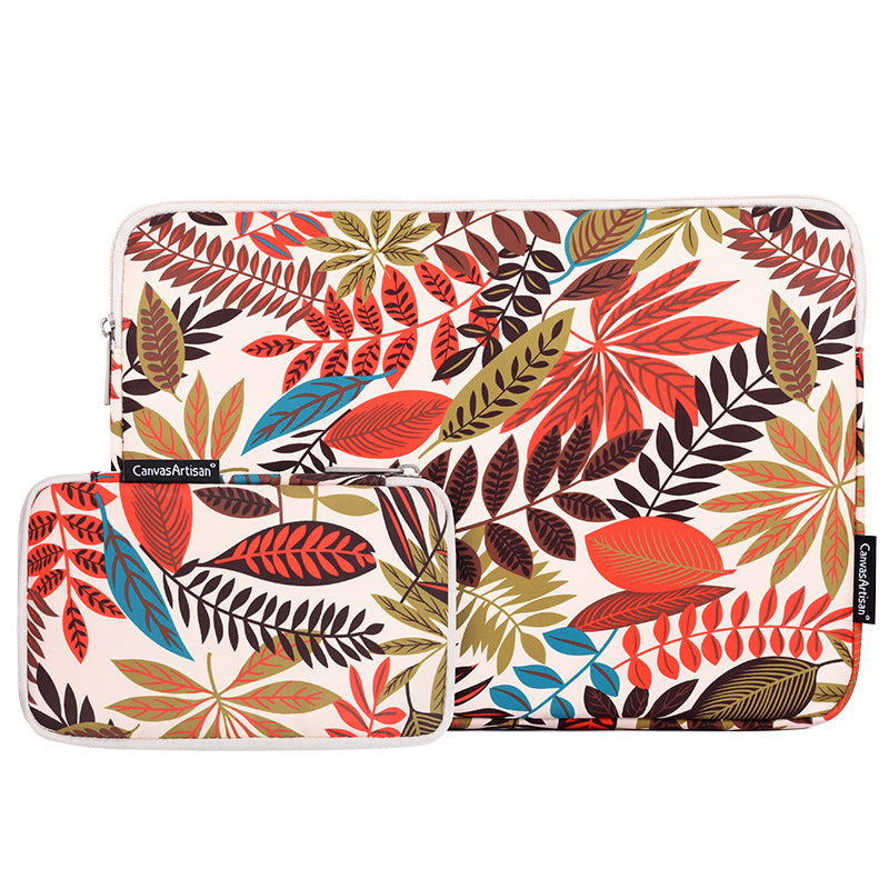 Leaves Printed Ultra-thin Protective Laptop Sleeve Zipper Notebook PC Bag with Small Bag - Beige/for 11-inch Laptop