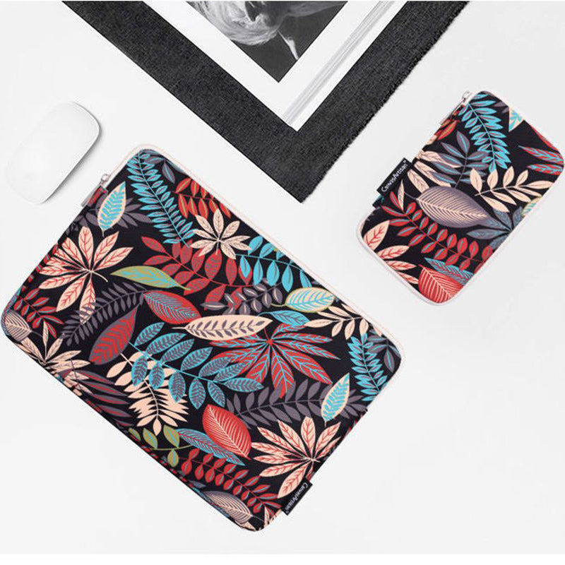 Leaves Printed Ultra-thin Protective Laptop Sleeve Zipper Notebook PC Bag with Small Bag - Beige/for 14-inch Laptop