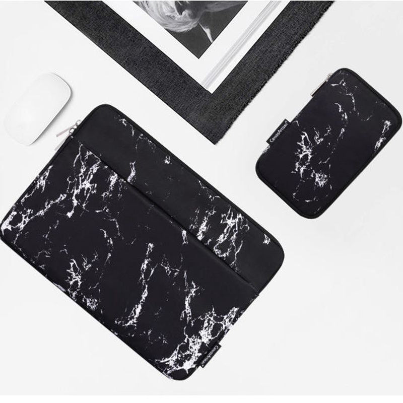 Front Pocket Notebook Case Protective Cover Marble Pattern Laptop Sleeve with Small Bag - Black/for 12-inch Laptop