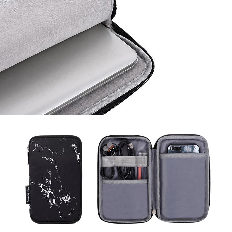 Front Pocket Notebook Case Protective Cover Marble Pattern Laptop Sleeve with Small Bag - Black/for 14-inch Laptop