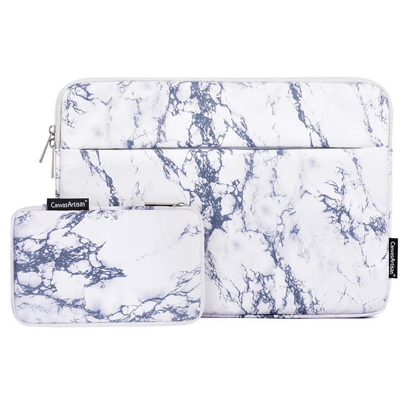 Front Pocket Notebook Case Protective Cover Marble Pattern Laptop Sleeve with Small Bag - White/for 12-inch Laptop