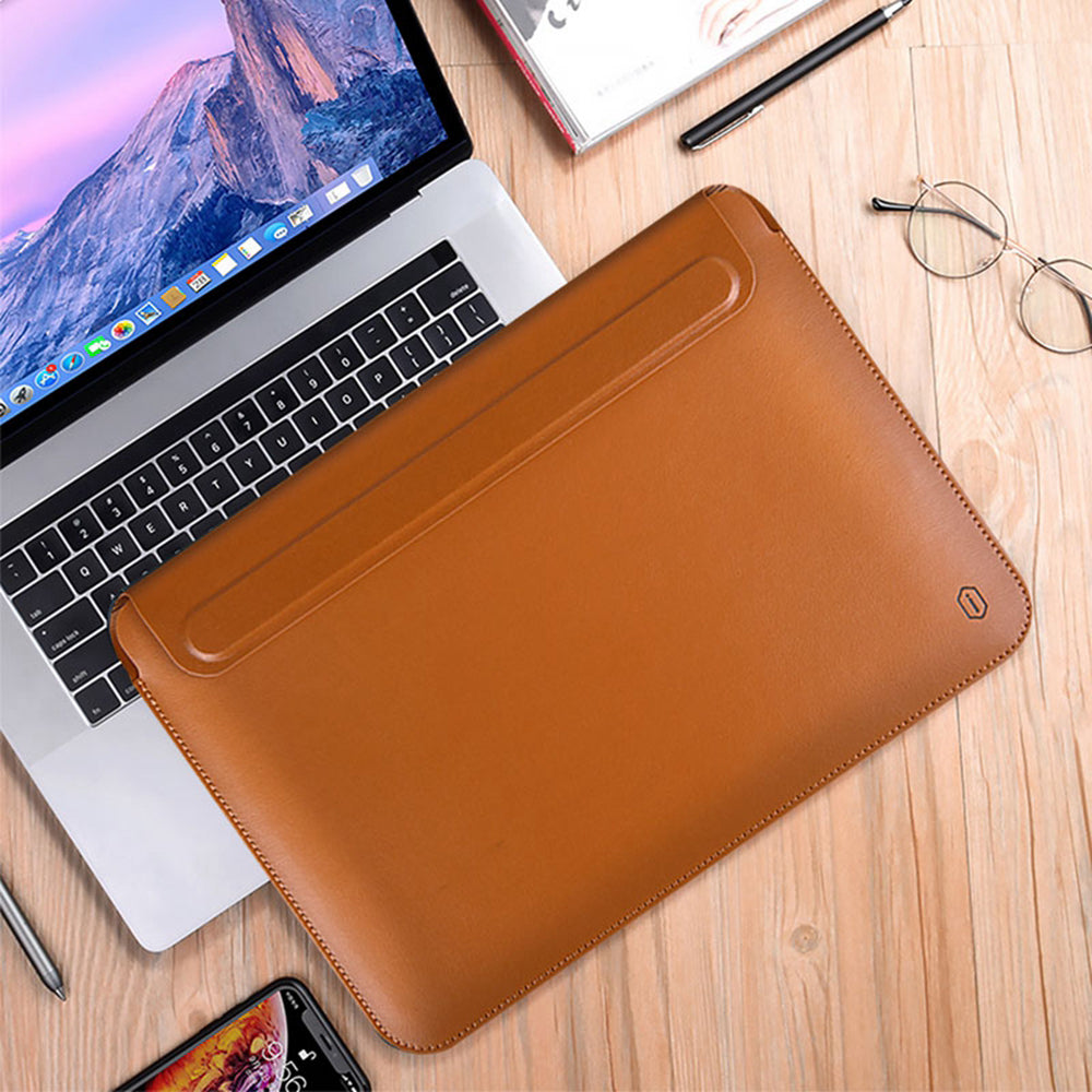 Wiwu Skin Pro Series Portable PU Leather Laptop Stand Sleeve for MacBook Pro 16 inch (2021), Smooth Surface Book Folio Cover - Brown
