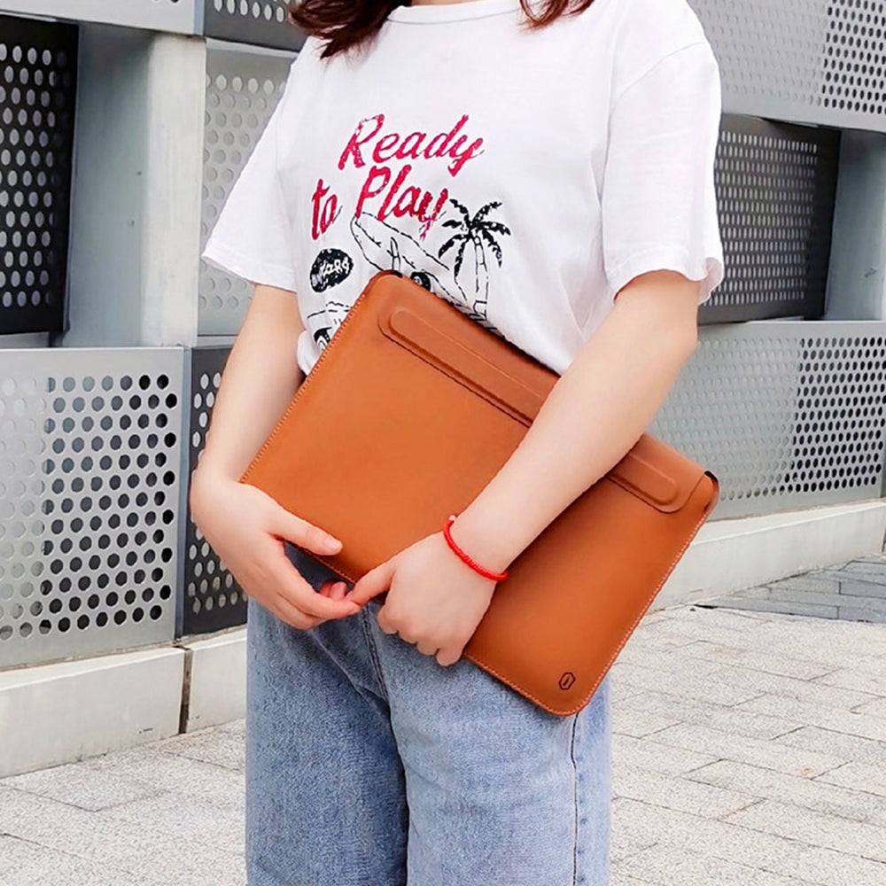 Wiwu Skin Pro Series Portable PU Leather Laptop Stand Sleeve for MacBook Pro 16 inch (2021), Smooth Surface Book Folio Cover - Brown